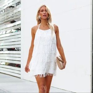 Showstopper Cosmic Sequin Fringe Halter Mini Dress